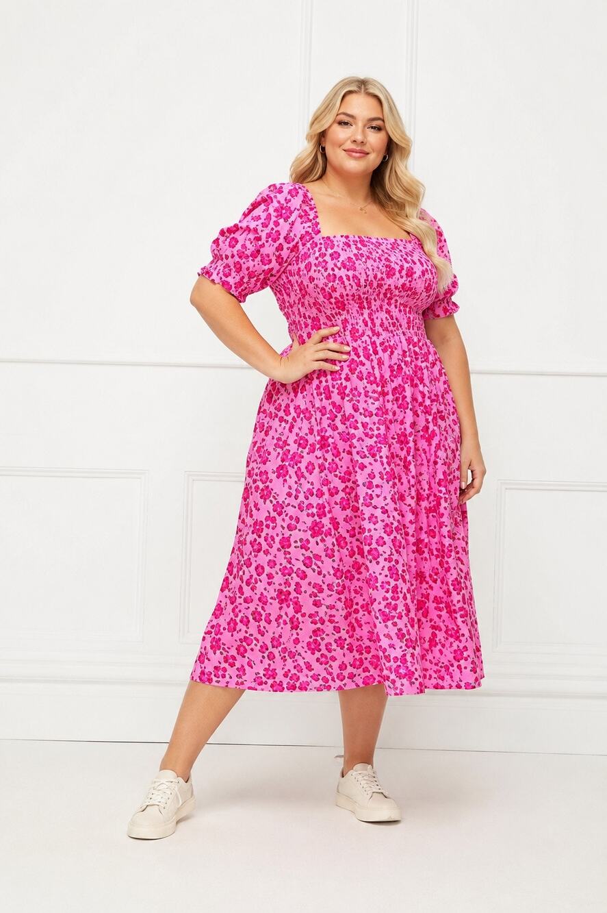Eloquii Elements Pink Floral Smocked Midi Dress Size 20 Puff Sleeve Cottagecor